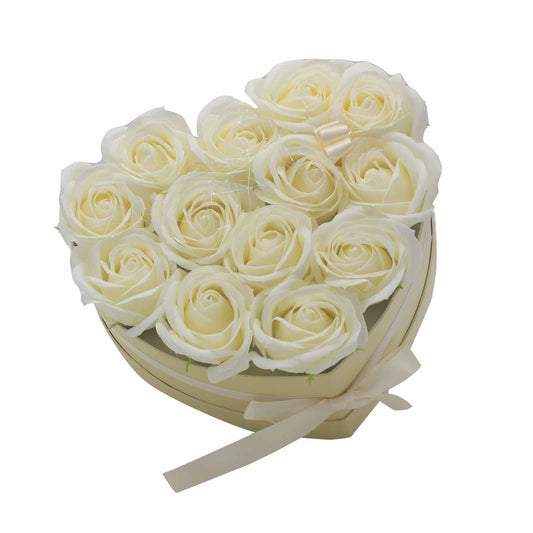 Caixa de Presente - Flores de Sabão 13 Rosas Creme - Coração - Loja do Tigo