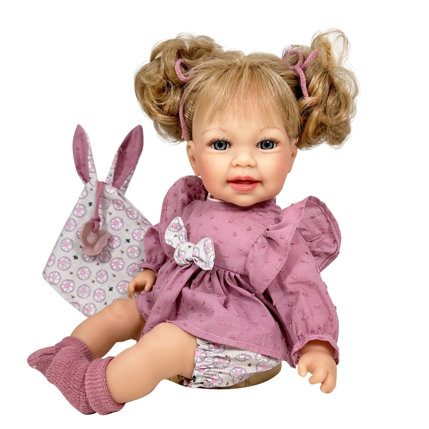 Blonde Susi Dou Dou doll in pink dress with pacifier and holder, 40 cm, realistic features, hypoallergenic fabric body.