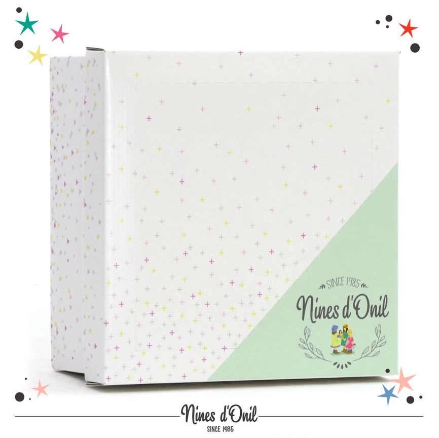 Nines d'Onil toy packaging with a pastel design and logo in green and multicolored stars.