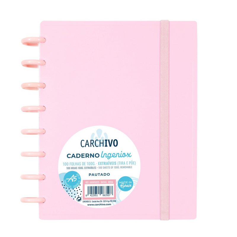 Caderno Ingeniox A5 pautado c/elástico - rosa pastel - Loja do Tigo