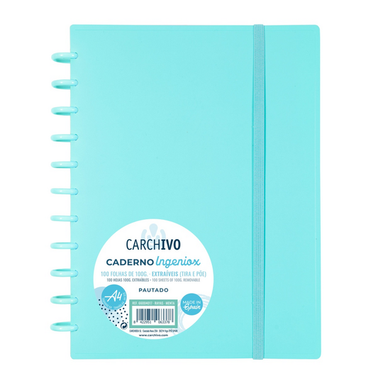 Caderno Ingeniox A4 pautado - c/ elástico - cor menta - Loja do Tigo